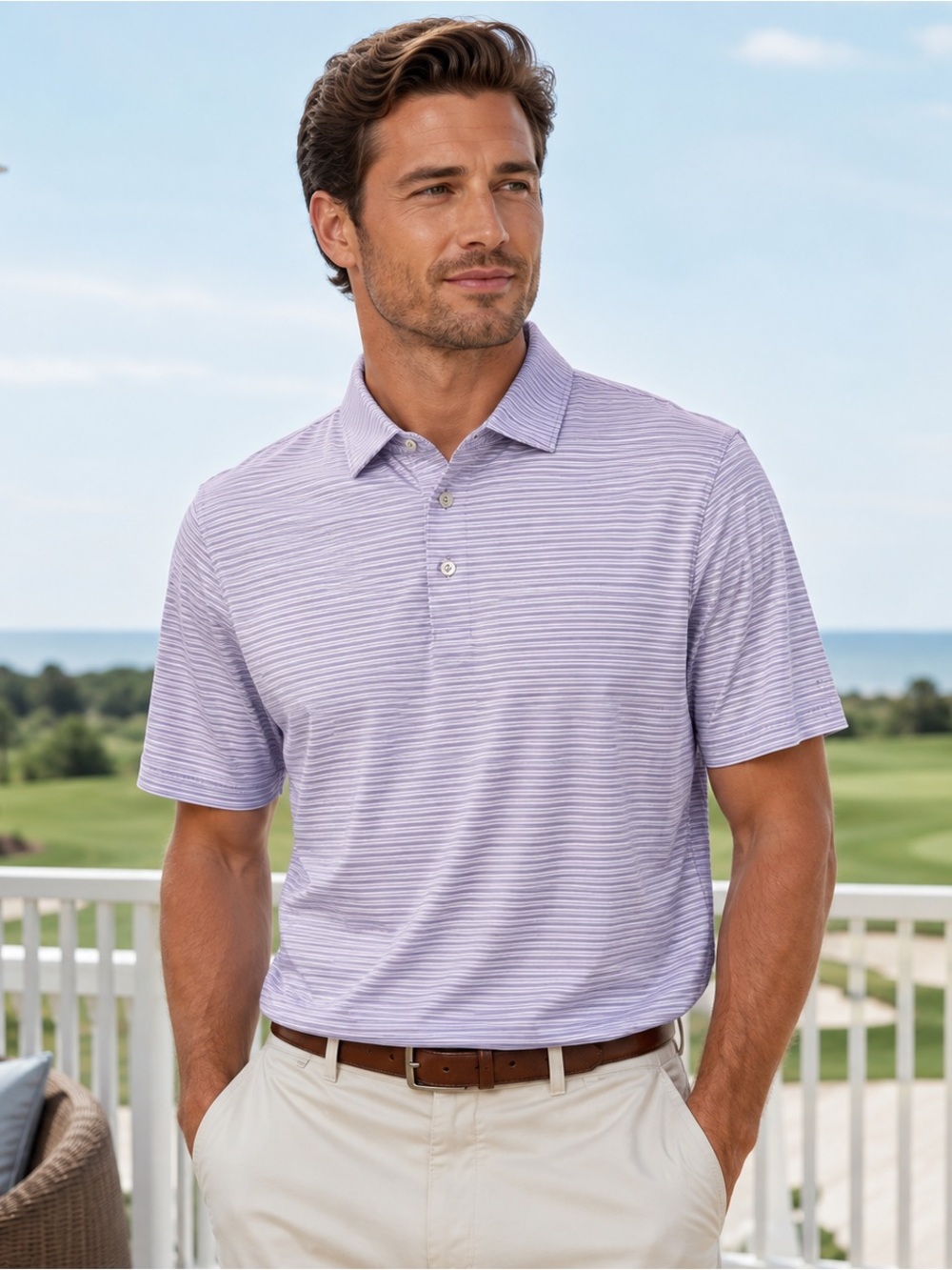 Peter Millar Featherweight Payne Stripe Polo Purple XL golf country club lightwt